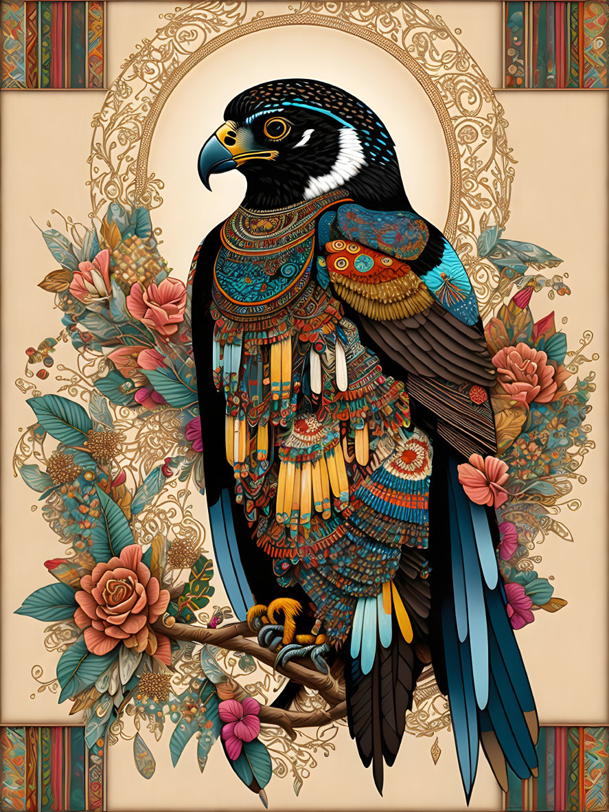 Colorful Falcon Illustration Surrounded by Floral Motifs