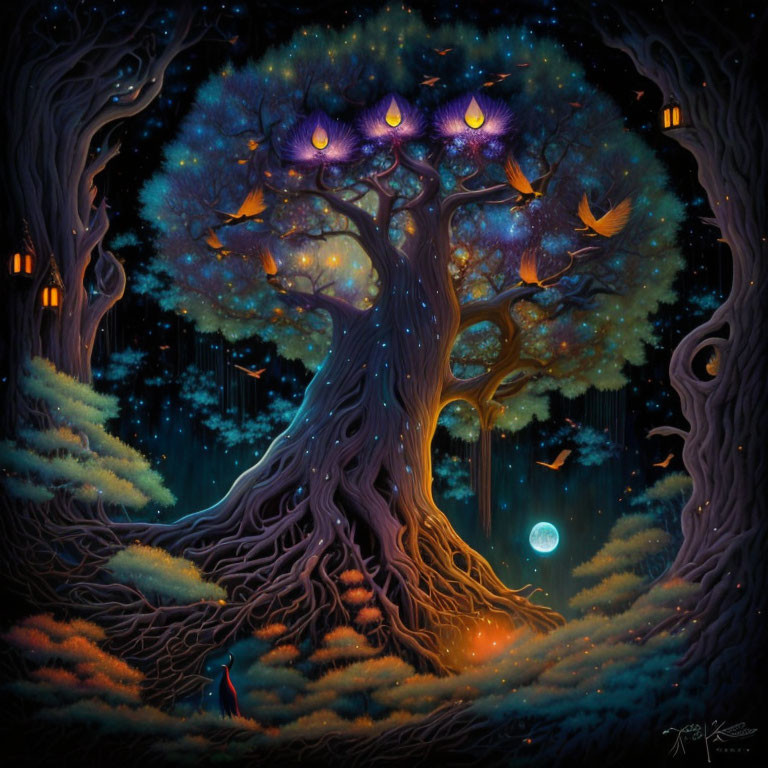 Fantasy painting of whimsical tree in enchanting forest