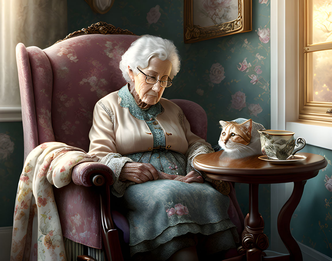 Elderly woman napping in chair with book, cat by teacup on table