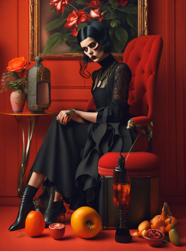 Elegant woman in gothic attire on red chair with oranges and flowers.