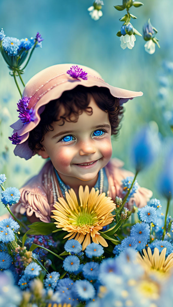 Smiling child in pink hat surrounded by colorful flowers