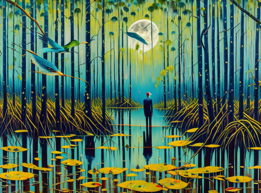 Serene blue forest scene with person by pond, tall trees, fireflies, lily pads,