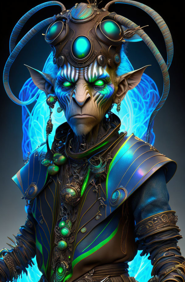 Green-skinned alien in ornate armor with glowing blue accents and intricate jewelry