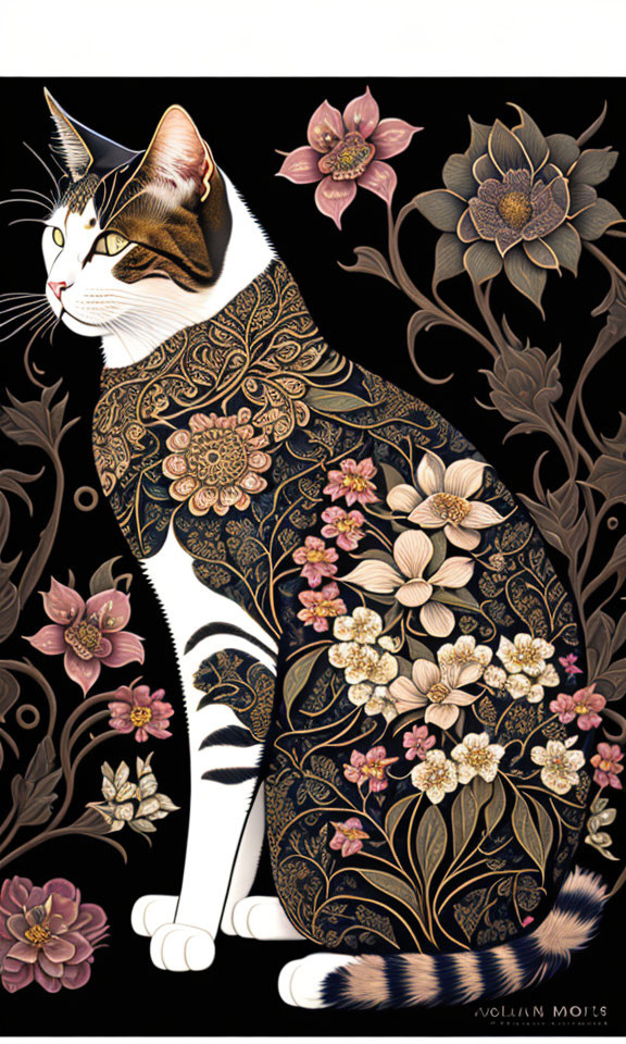 Detailed Floral Patterned Cat Illustration on Black Background