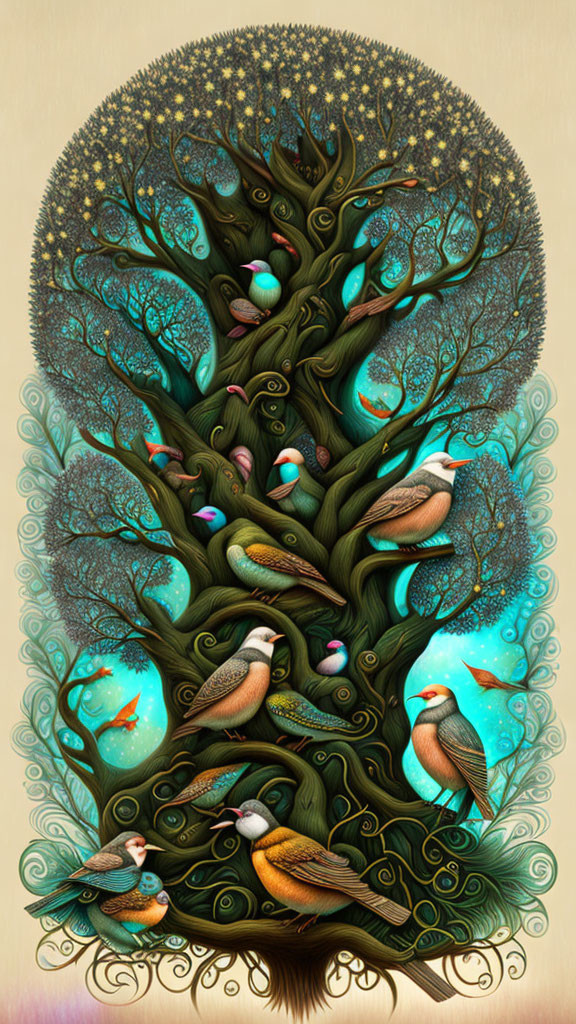 Detailed artwork of stylized tree with vibrant birds, orbs, and elaborate branches