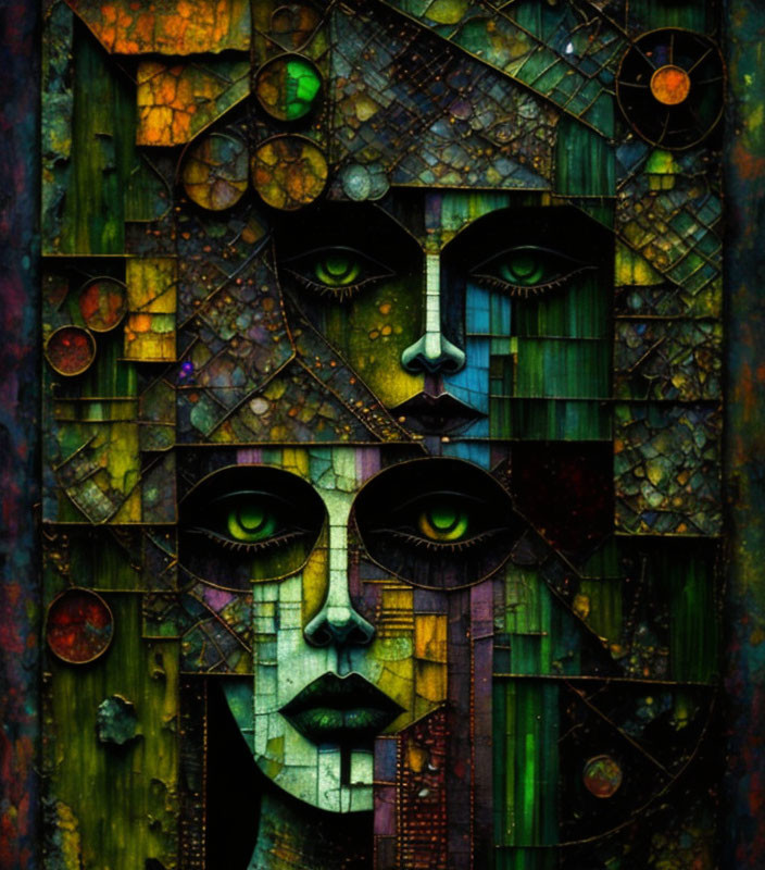 Abstract art: Two faces with green eyes in a mosaic of dark greens and rustic browns