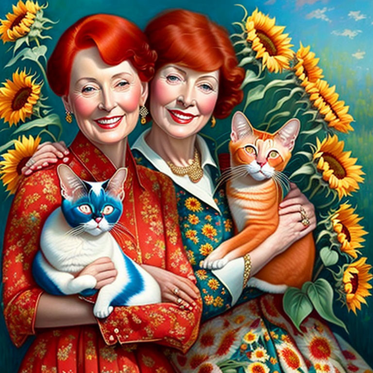 Stylized portrait of two women with red hair holding cats in sunflower setting