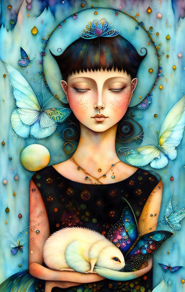 Digital painting of serene girl with closed eyes, surrounded by butterflies, orbs, and white rabbit in vibrant