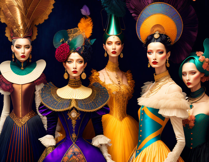 Five women in elaborate, colorful costumes with intricate designs and feathered headpieces