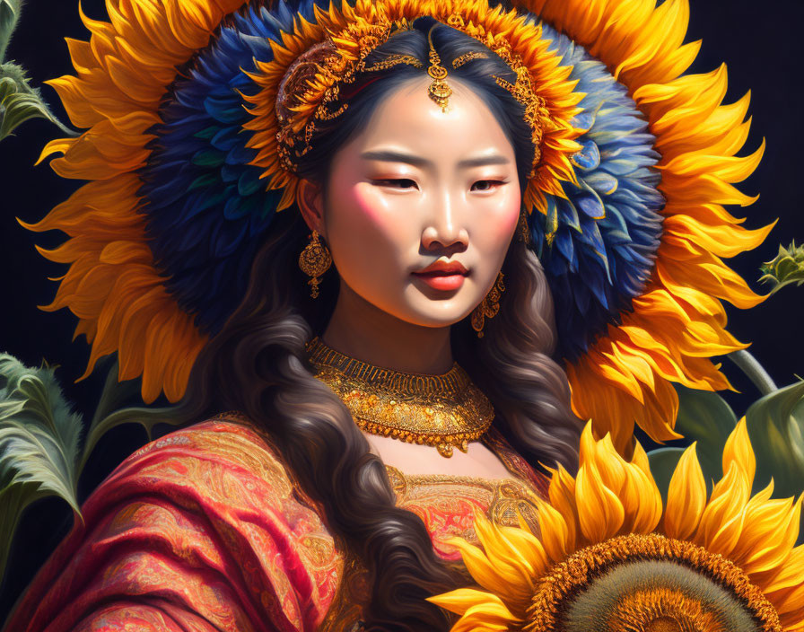 Digital painting of woman in Asian attire with sunflower headdress on black background