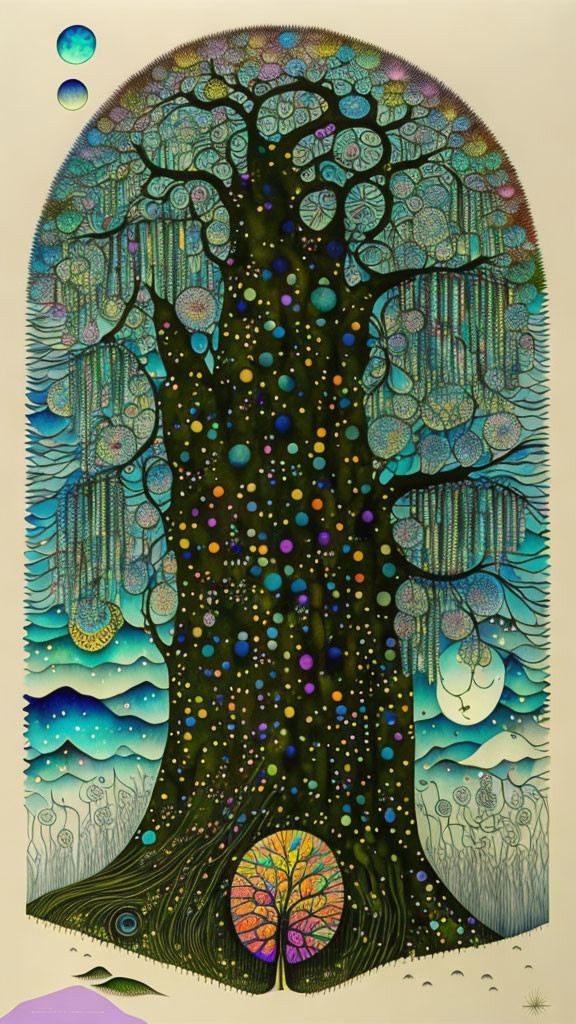 Vibrant tree with intricate patterns on whimsical background