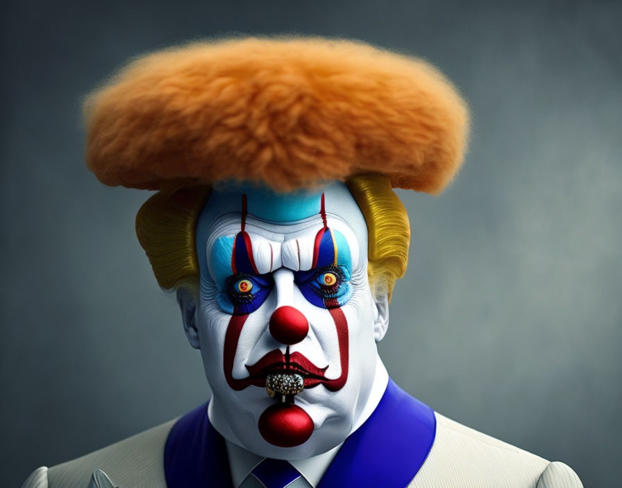 Clown with blue and red makeup, red nose, fluffy orange hairpiece, white suit, blue