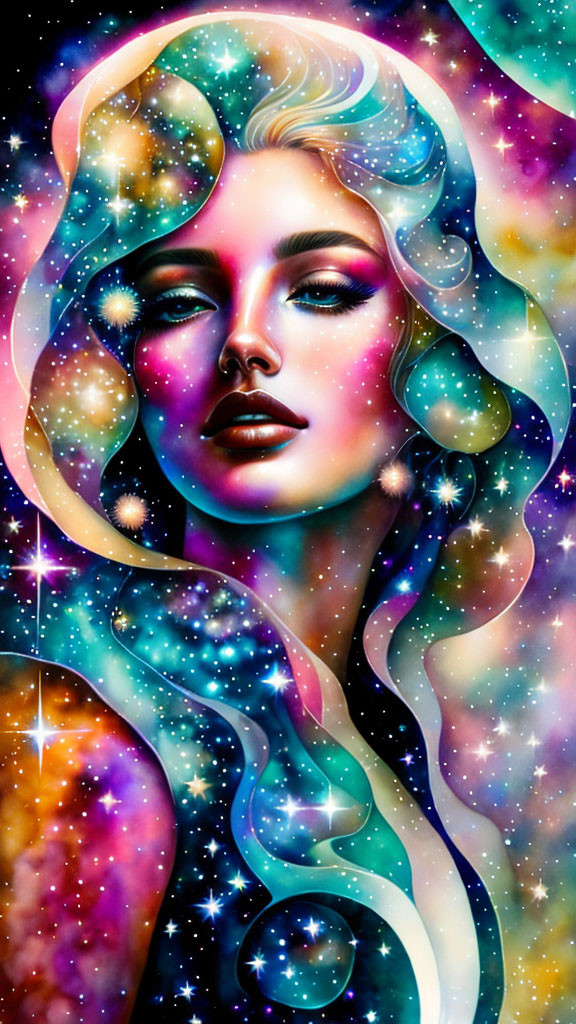 Digital artwork: Woman with cosmic theme, stars, nebulae, celestial elements in hair.