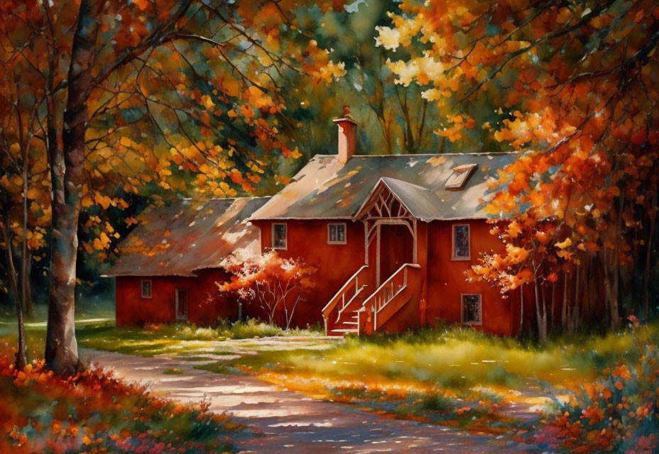 Red house with white chimney surrounded by autumn trees and stone path.