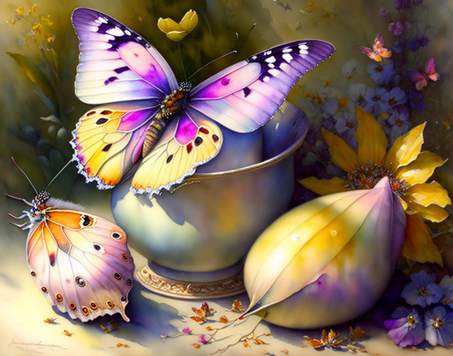 Vibrant butterflies on porcelain cup with floral backdrop