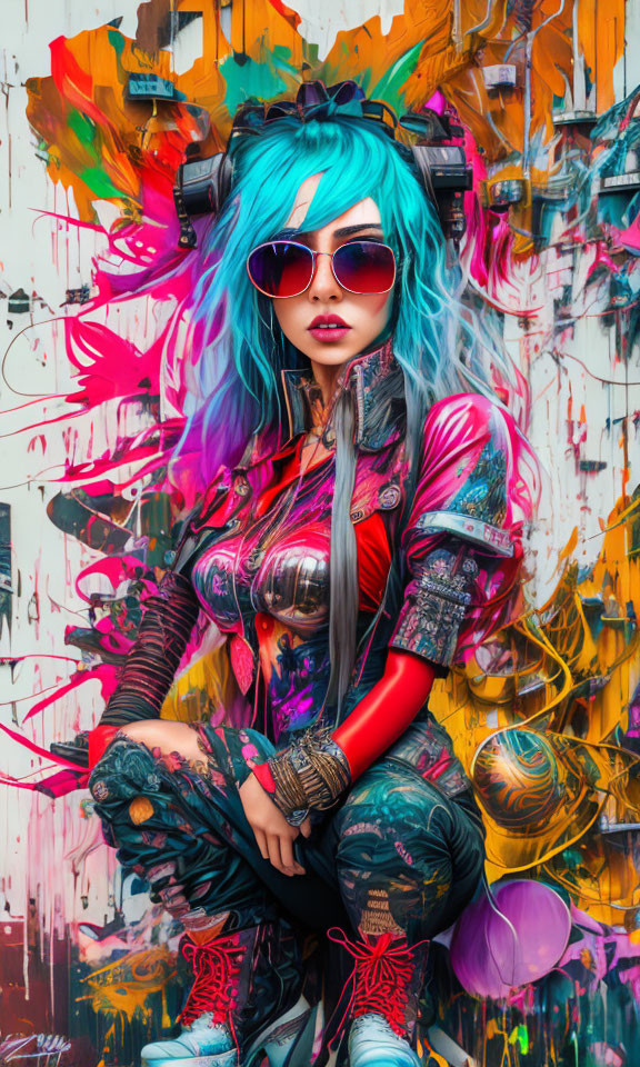 Colorful digital artwork: Woman with teal hair and headphones in futuristic attire against graffiti background