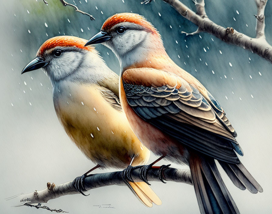 Two Birds with Orange, White, and Black Plumage Perched in Snowfall