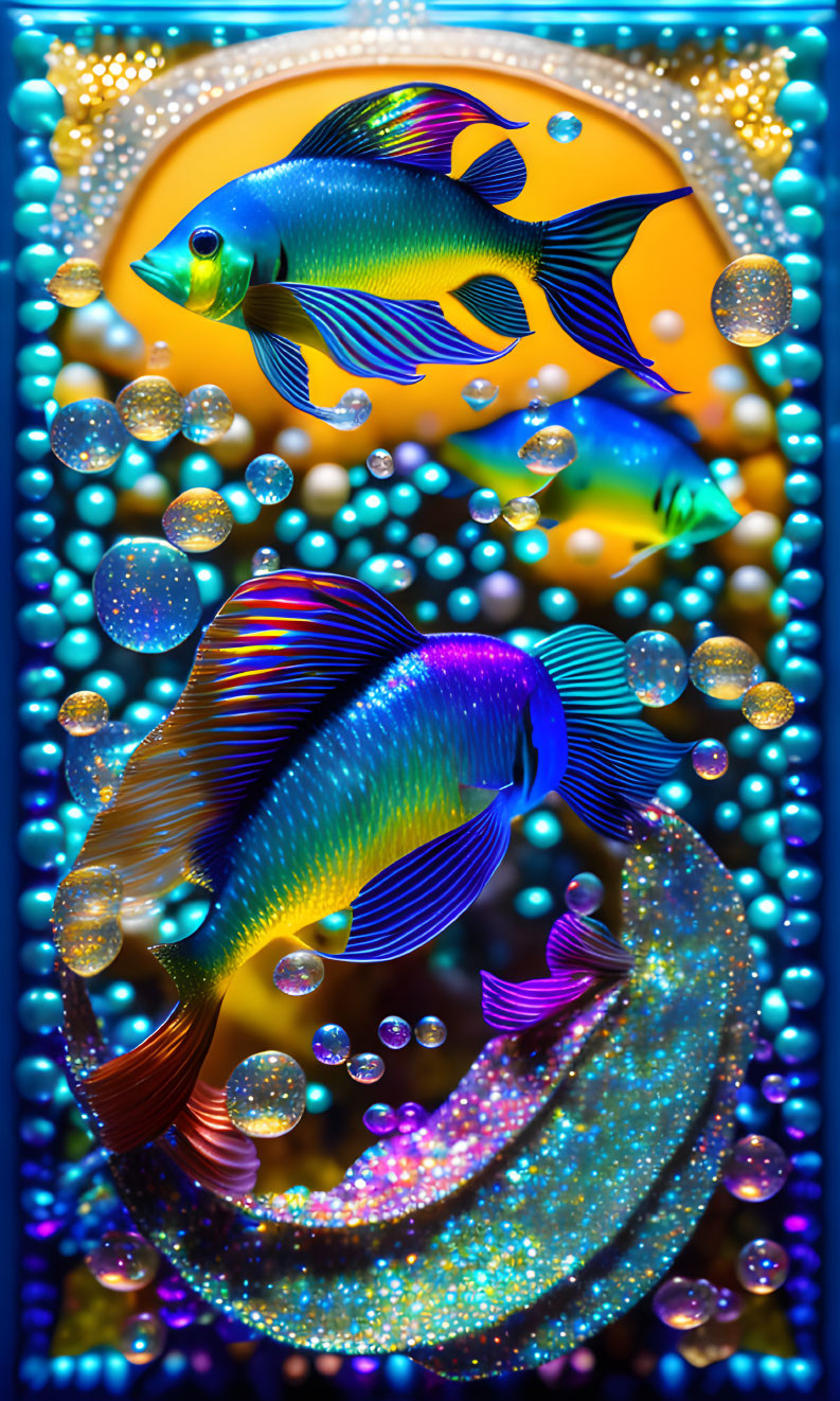 Vibrant fish with iridescent scales in a pearl-textured underwater scene