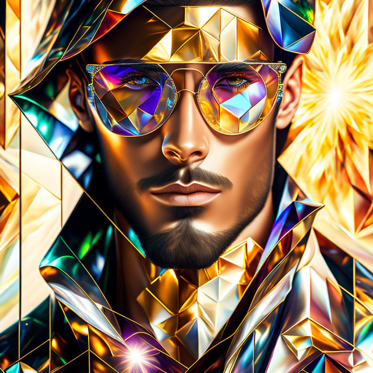 Vibrant digital artwork: man with beard and glasses amid geometric shapes.