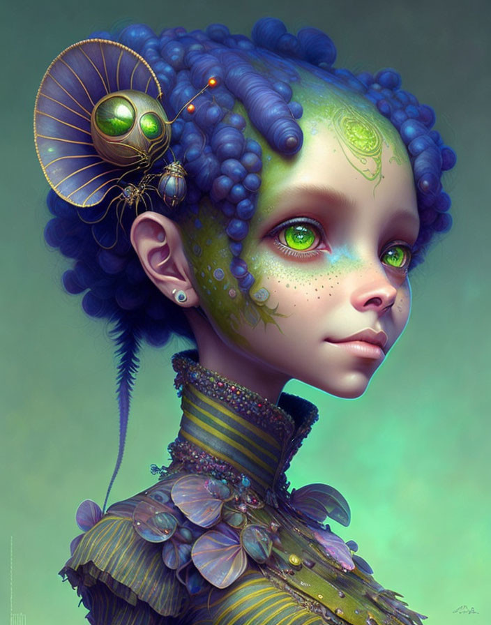 Fantasy portrait: Female figure with blueberry hair, green eyes, ornate jewelry