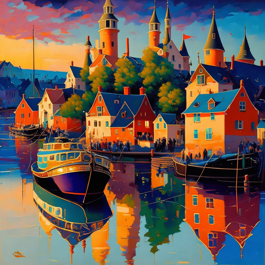 Colorful harbor scene with boats and buildings reflecting in water at sunset