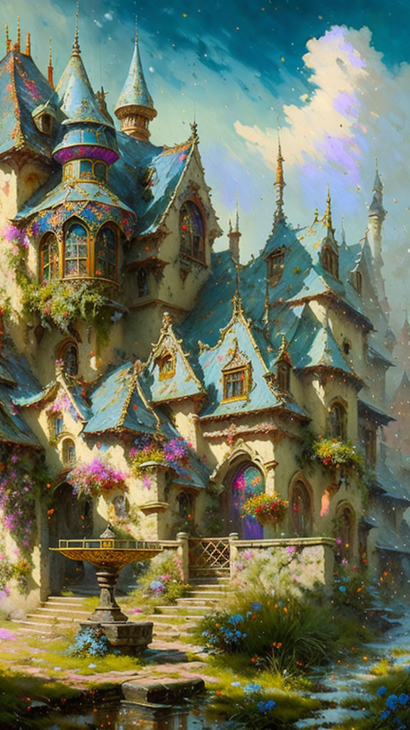 Enchanting fairytale castle with ornate spires in vibrant flora landscape