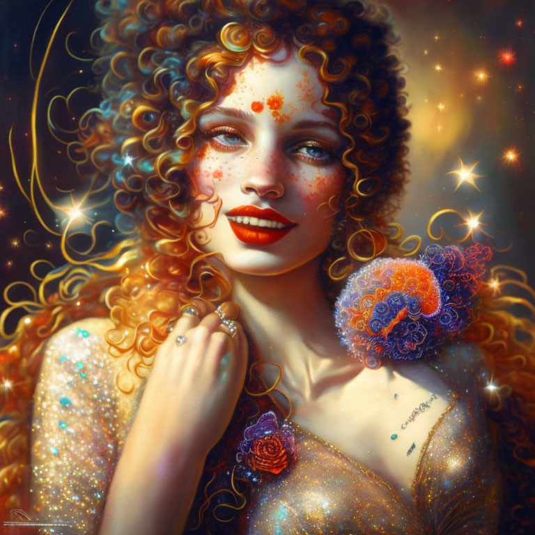 Curly Red-Haired Woman in Celestial Attire Holding Cosmic Flower