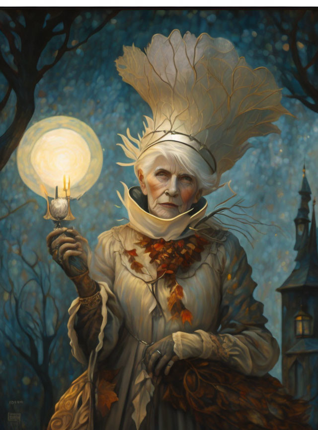 Elderly woman with fantastical headdress under full moon and castle backdrop