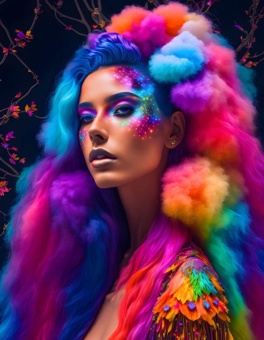 Vibrant rainbow-colored hair and makeup on woman in fluffy, sequined outfit against dark backdrop with