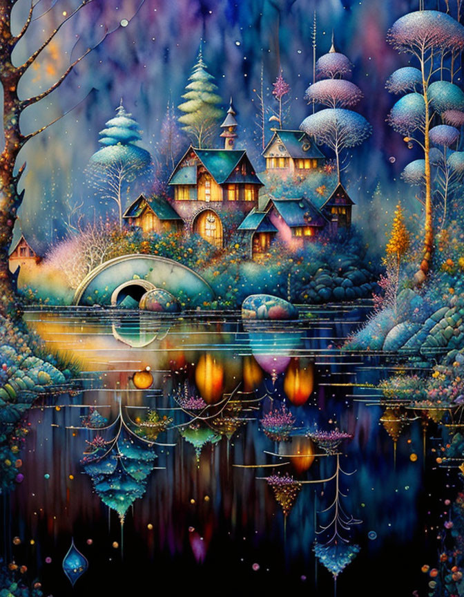 Enchanted village painting with glowing houses and starry night sky