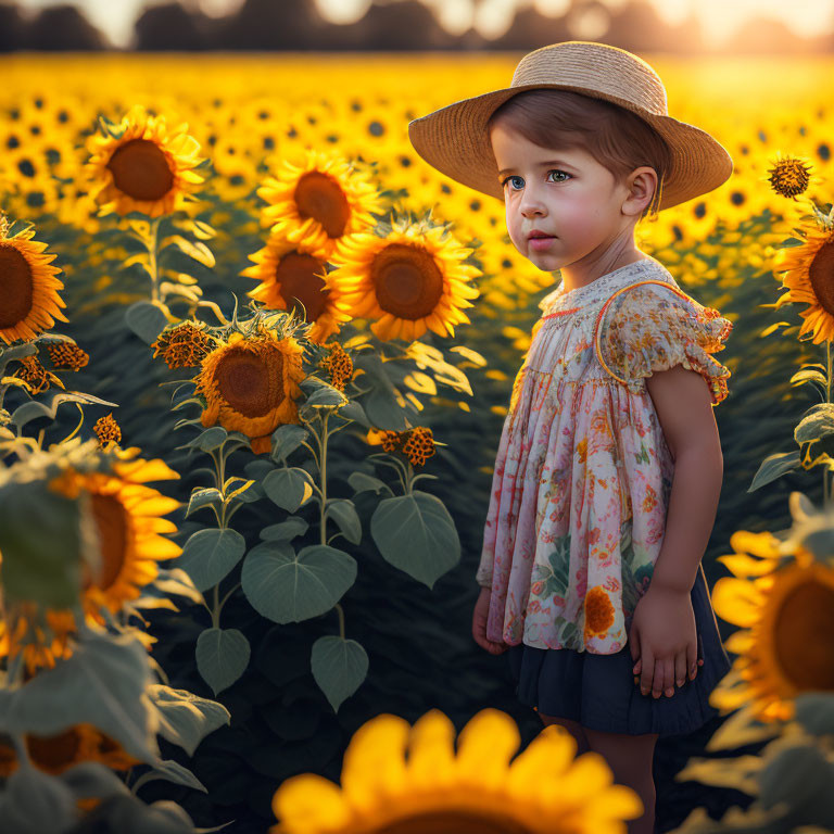 Child in straw hat surrounded by blooming sunflowers at golden hour