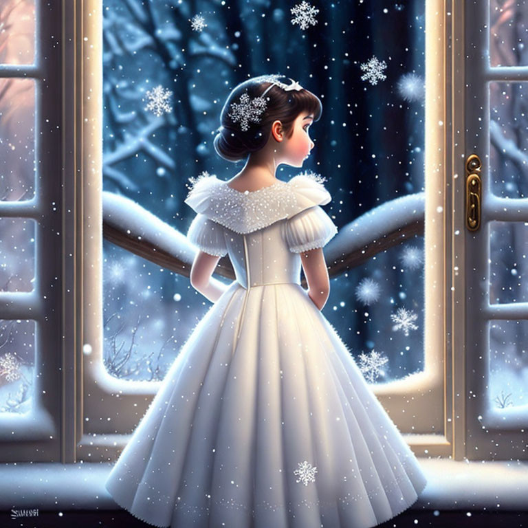 Young girl in white dress looking out window on snowy evening