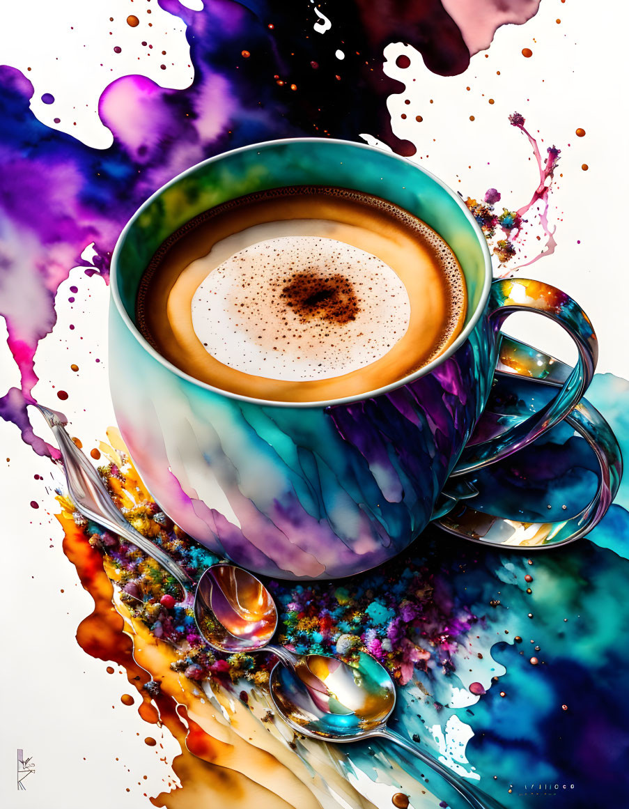 Colorful Psychedelic Paint Splash Pattern Surrounding Cup of Coffee