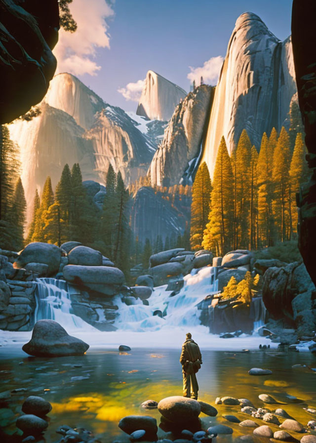 Person admiring waterfall in autumnal forest with mountains.