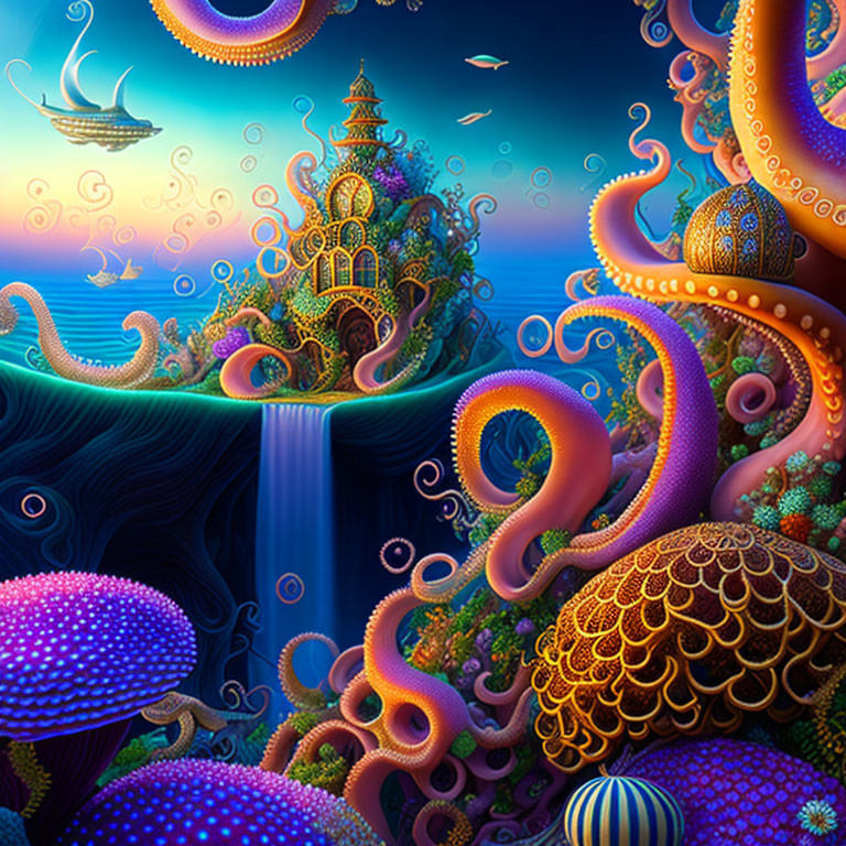 Fantastical landscape with ornate tower, tentacles, waterfalls, and flying ships underwater