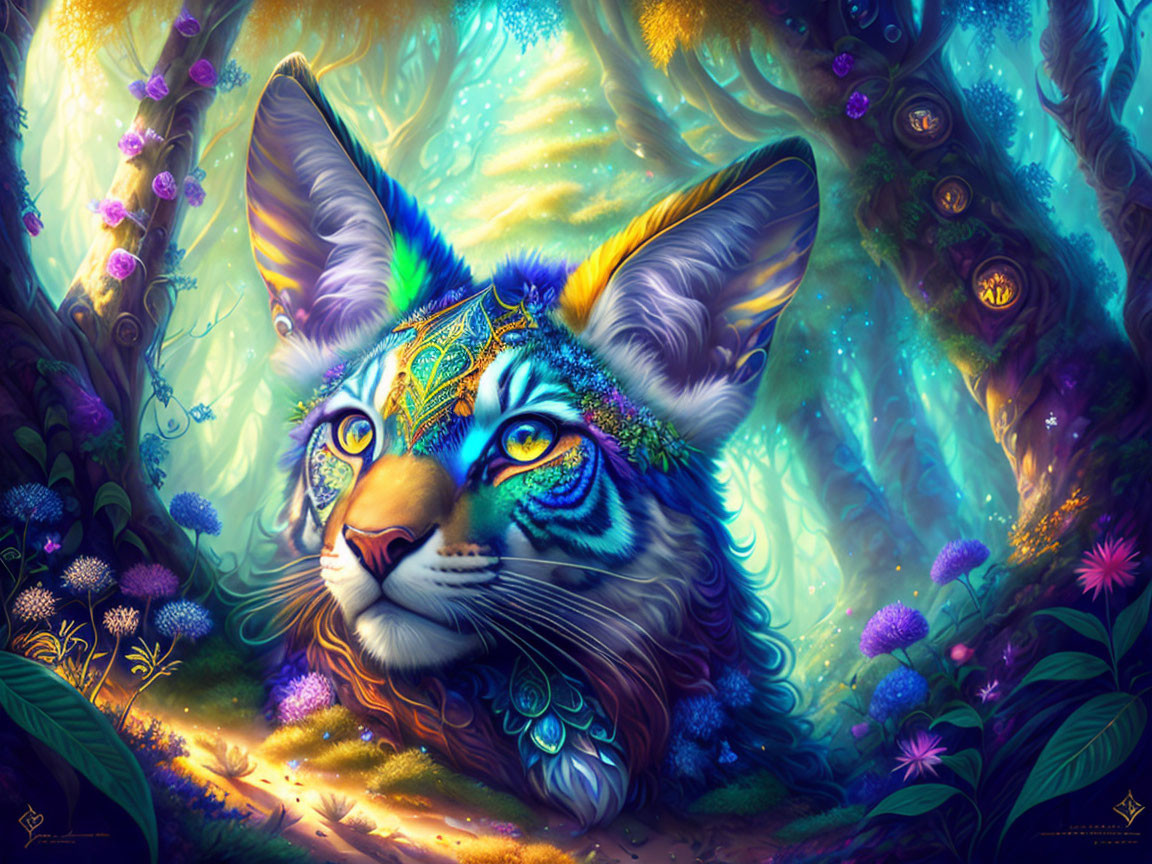 Colorful Fantastical Cat in Enchanted Forest with Glowing Lights