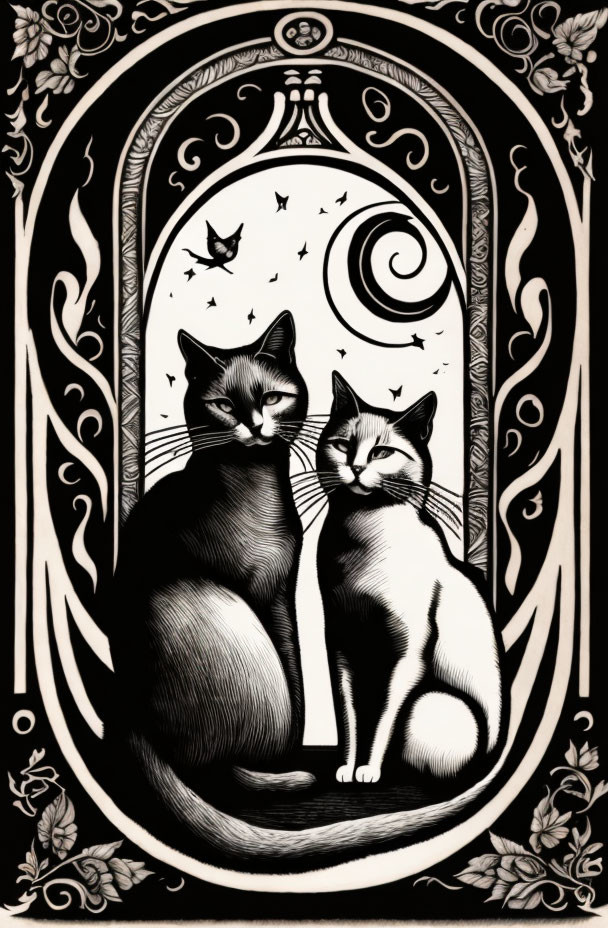 Black and white illustration of two sitting cats with crescent moon, stars, butterfly, and floral frame