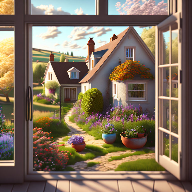 Charming countryside house with flower-filled garden on sunny day