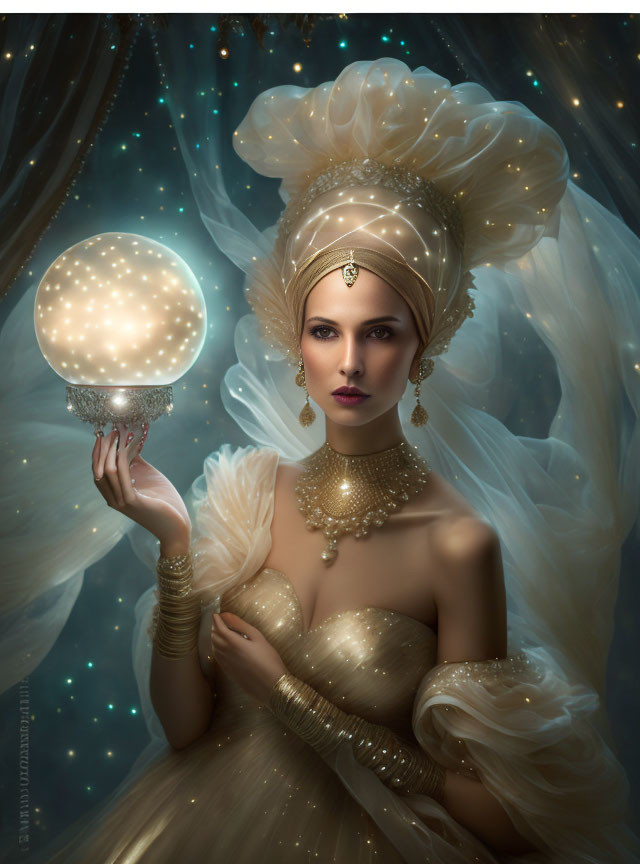 Regal woman with ornate headdress holding glowing orb in mystical setting