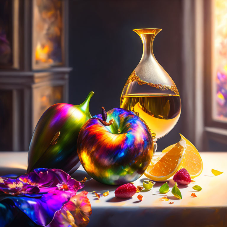 Colorful still life with apple, fig, decanter, orange slice, berries, and flower on