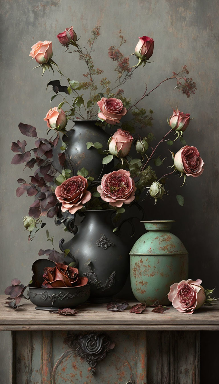 Dusty pink roses in black vase with turquoise pot on grey backdrop