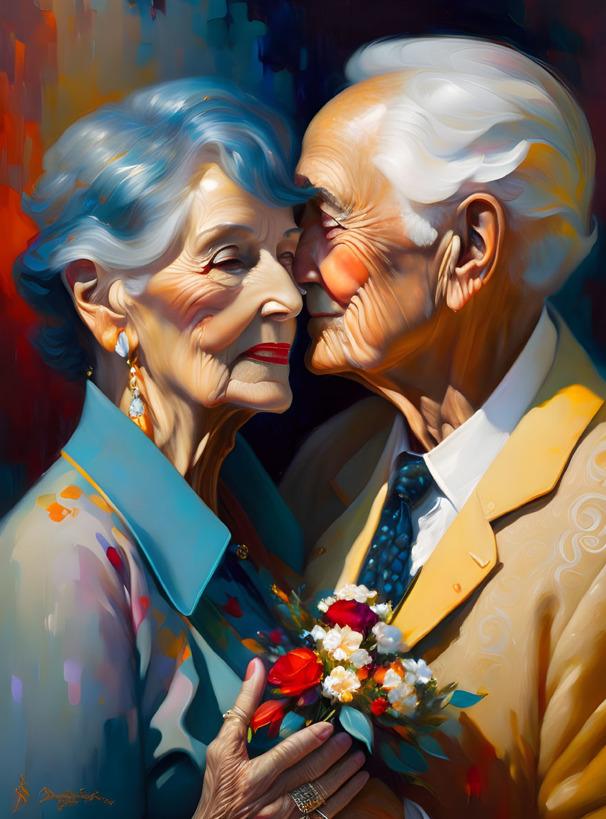 Elderly couple sharing tender moment with forehead kiss and flowers