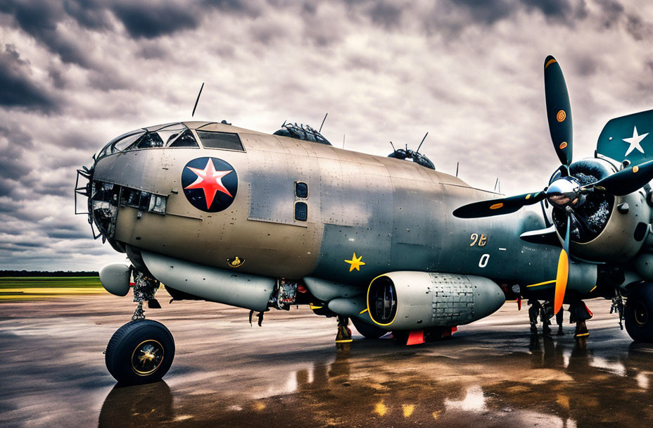 Vintage Military Aircraft with Twin Propellers and Star Insignia on Tarmac