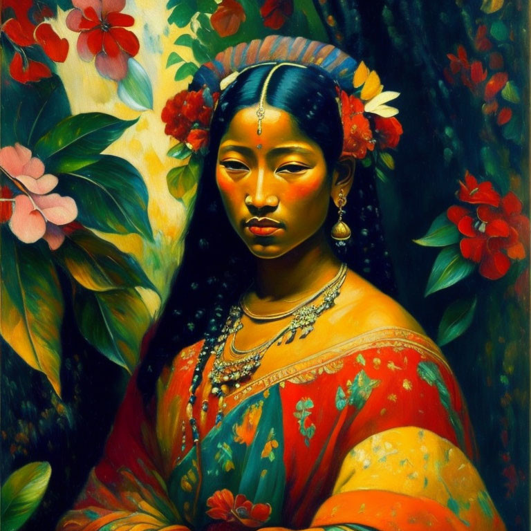 Portrait of Woman in Orange Traditional Outfit with Gold Jewelry