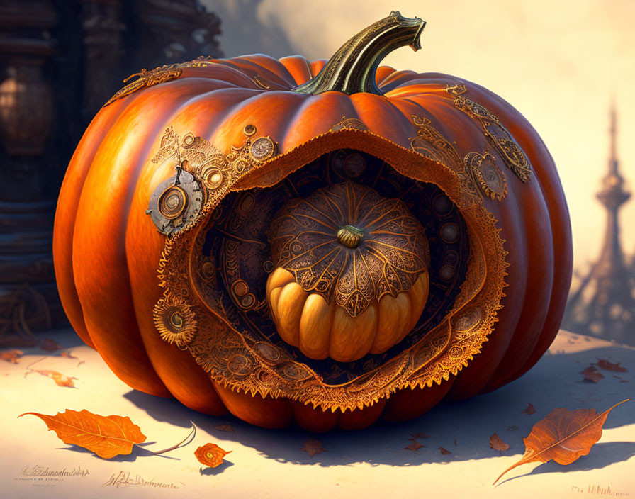 Steampunk-themed carved pumpkin with gears, autumn leaves, and distant tower