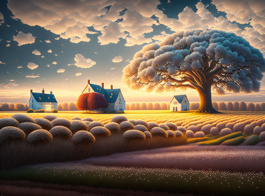 Surreal lighting illuminates idyllic landscape with rolling fields and cozy cottages