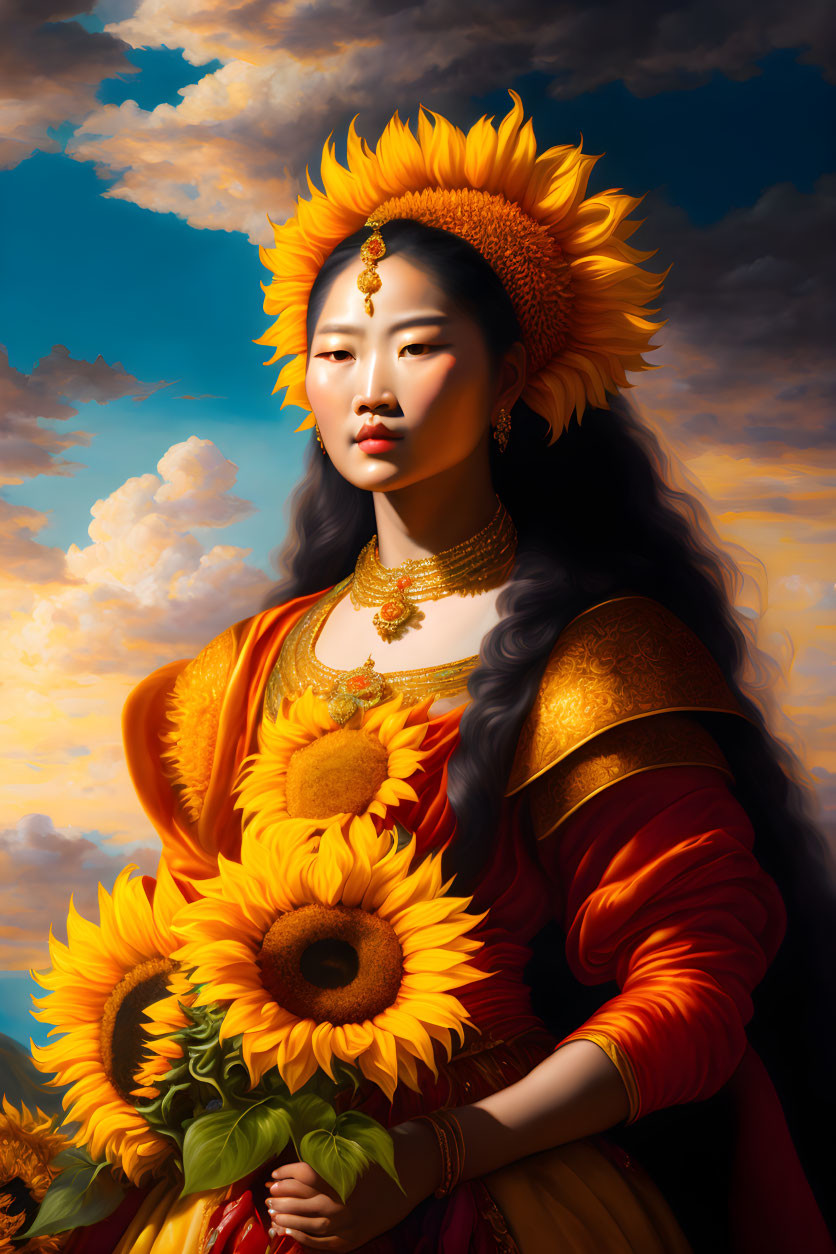 Woman in golden sunflower attire holding flower against sky background