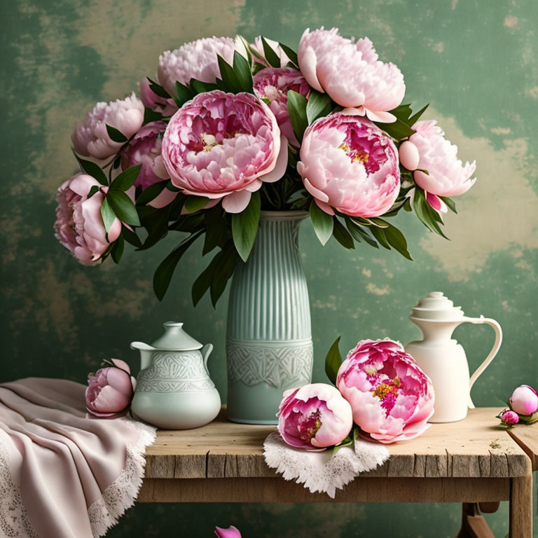 Soft Pink Peonies in Pale Teal Vase Arrangement