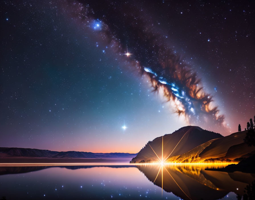 Starry Sky and Milky Way Galaxy Reflected in Calm Lake