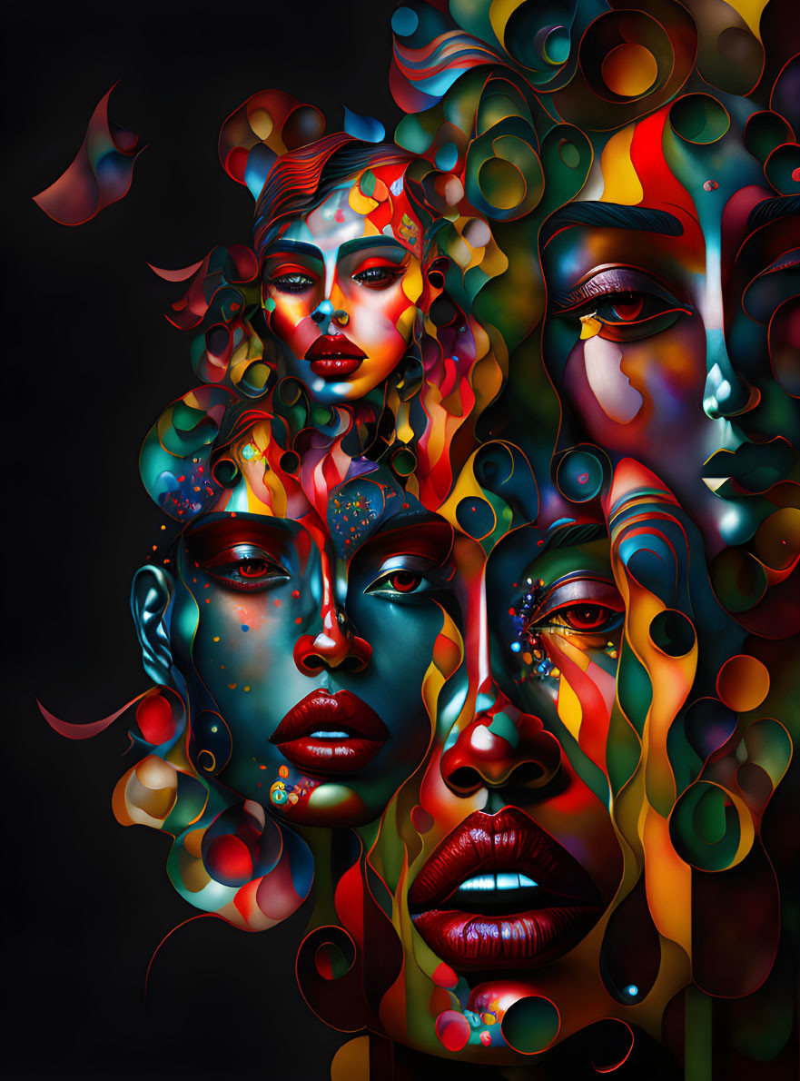 Colorful digital artwork: Collage of intertwined female faces